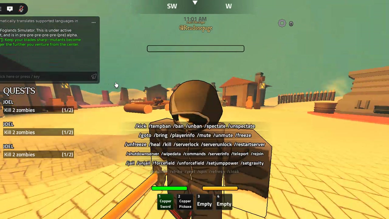 Admin Command System preview: full chat command list rendered in-game, including kick, ban, jail, freeze, teleport, forcefield, and server control commands