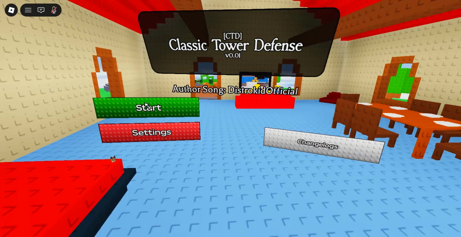 Classic Tower Defense main menu preview: animated UI with Start, Settings, and Changelogs