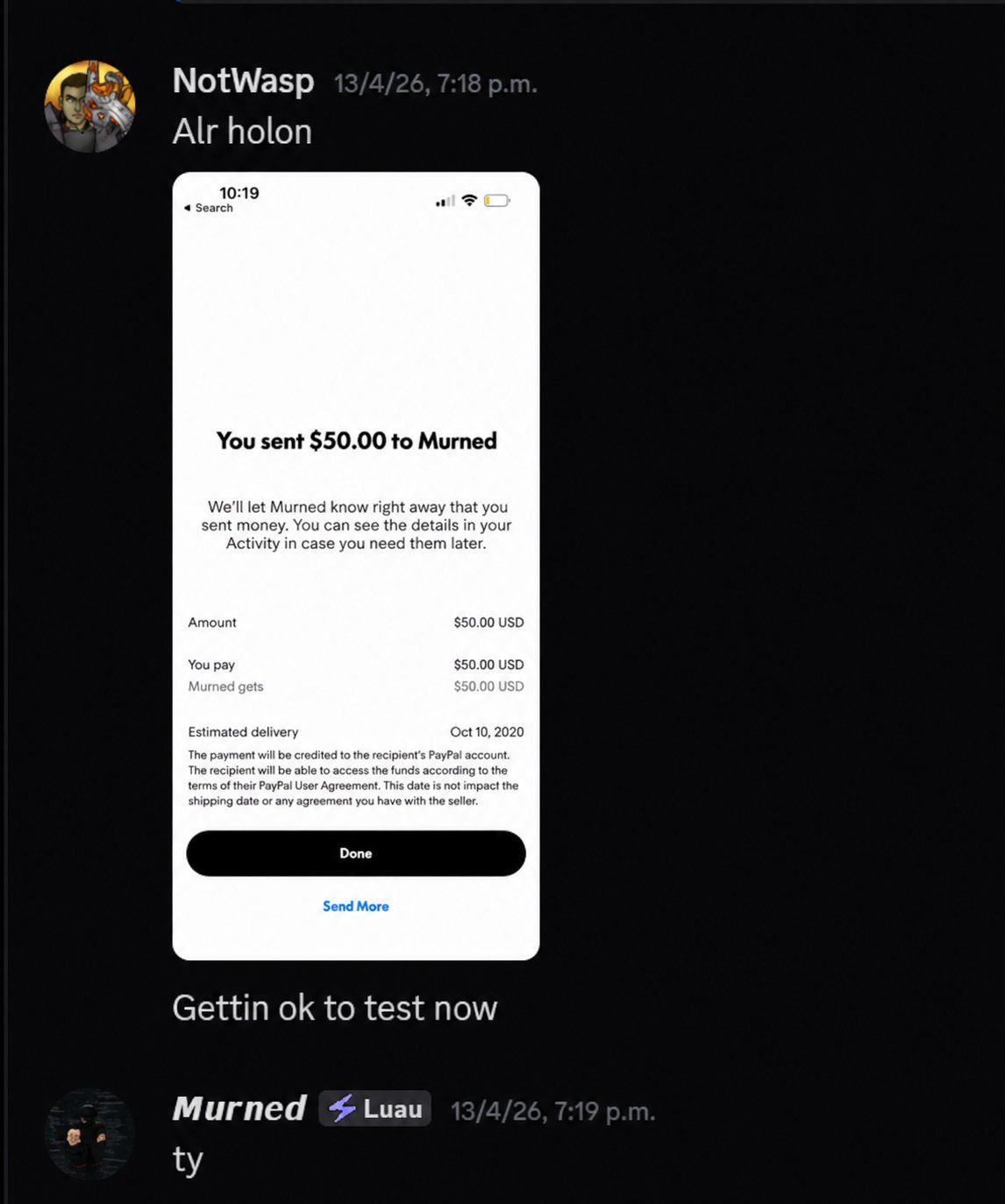 PayPal payment receipt of $50 USD from NotWasp to Murned